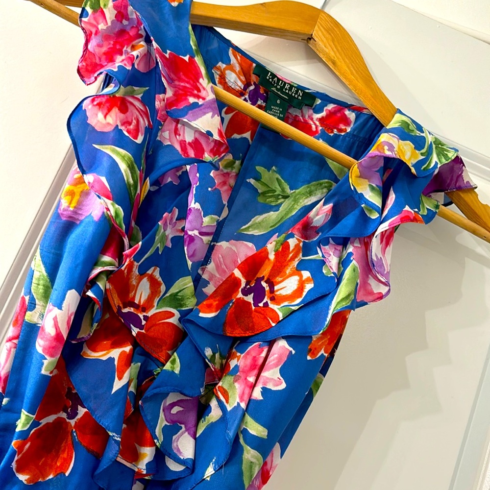 Ralph Lauren Blue and Red Ruffled Midi Dress